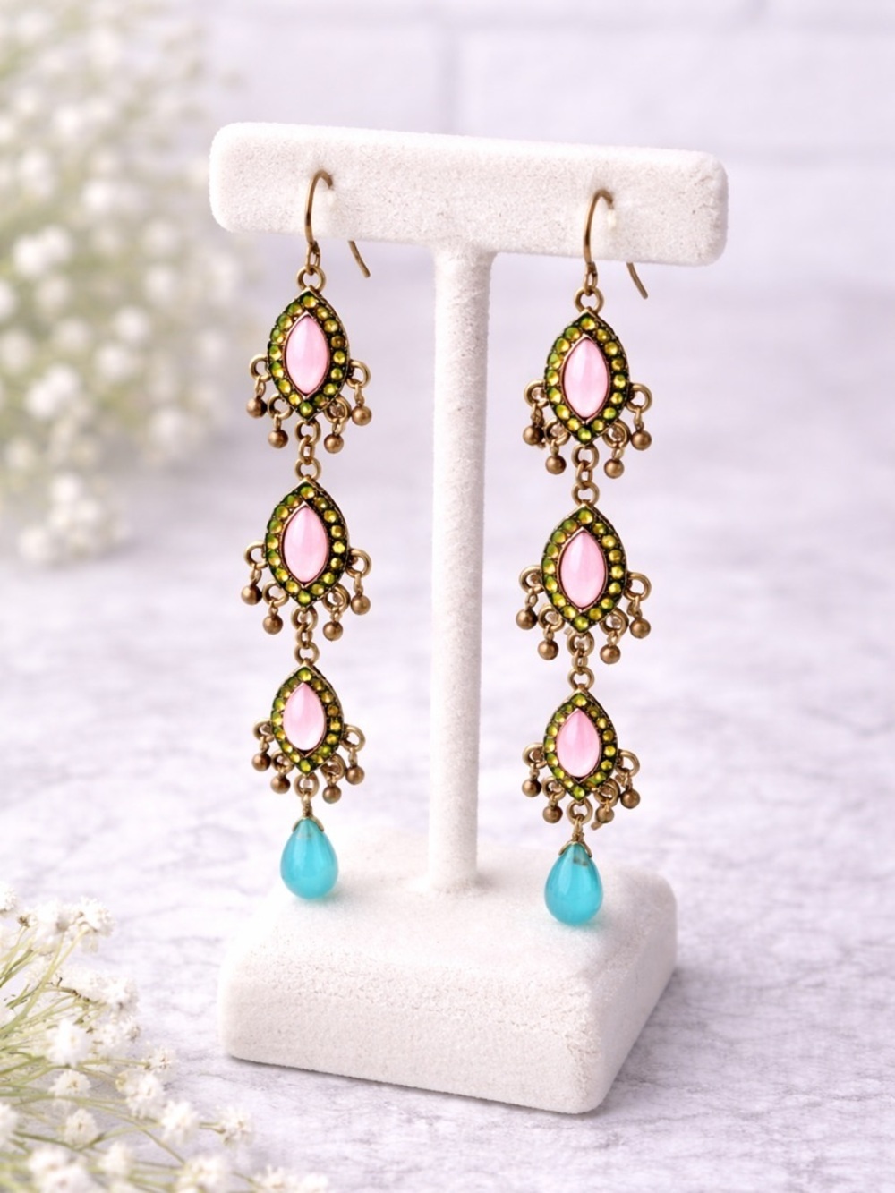 Boho Chandelier Earrings Pink Green Blue Teardrop Statement